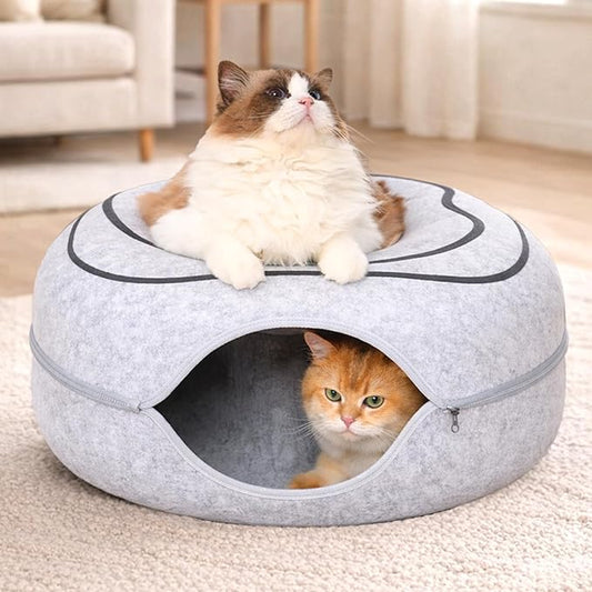 Peekaboo Cat Cave Donut - Cat Tunnel Bed for Indoor Cats – Cute Patterns Hideaway for Multiple & Large Cats, Scratch-Resistant (Light Gray)