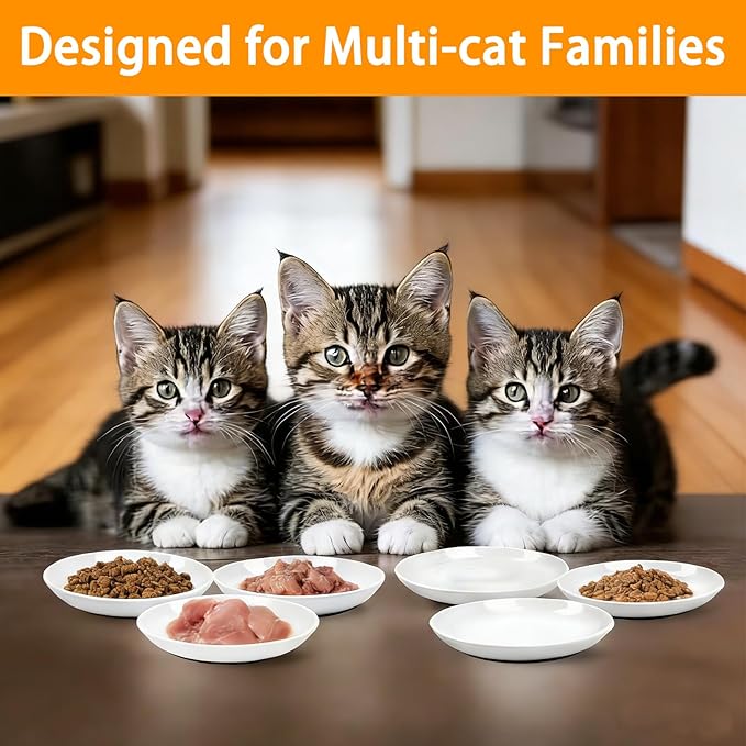 Non-Slip Cat Food Bowls - 3 Pack Whisker Fatigue Ceramic Cats Dishes Set for Indoor Cats, Shallow Wide Kitten Plates for Wet Food and Water, Microwave & Dishwasher Safe