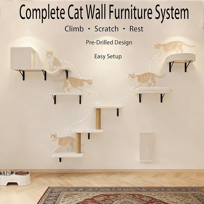 Cat Wall Shelves, 10-Piece Complete Cat Wall Furniture System with Perches and Scratching Posts, Stable Floating Climbing Set for Large Indoor Cats, Space Saving Kitty Furniture - Beige