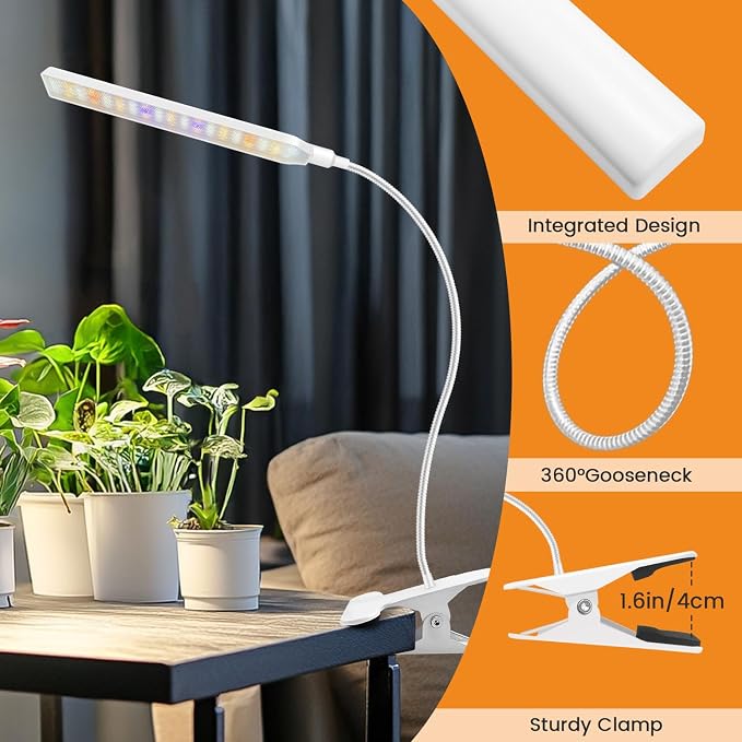 Kullsinss Clip-on Grow Lights for Indoor Plants, 57 LEDs 10W Plant Light | Full Spectrum Growing Lamp with Timer & Dimmable, White Gooseneck Plant Lamp for Succulents, Seed Starting, Easy to Use & Set