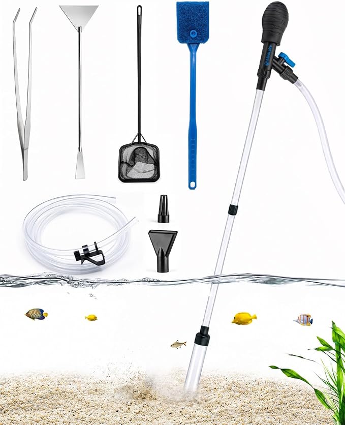 Aquarium Gravel Cleaner Kit | 80GPH Fish Tank Water Changer Tool with 6Ft Water Hose Skimmer Net Sponge Brush Sand Shovel and Tweezer for 3~8Gal Tank