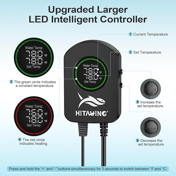 HiTauing Aquarium Heater, 100W/200W/300W/500W Fish Tank Heater with Upgraded LED Large Display, Up/Down Control Buttons and Intelligent Leaving Water Automatic Power-Off for Saltwater and Freshwater
