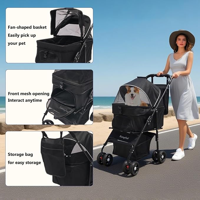 SUNNYFEEL Pet Stroller for Small Dogs and Cats, Iron Two-in-one Split, One-Click Foldable Dog Stroller, Holds up to 45 lbs, Storage Basket & Side Bag, Breathable Mesh, Black-pro