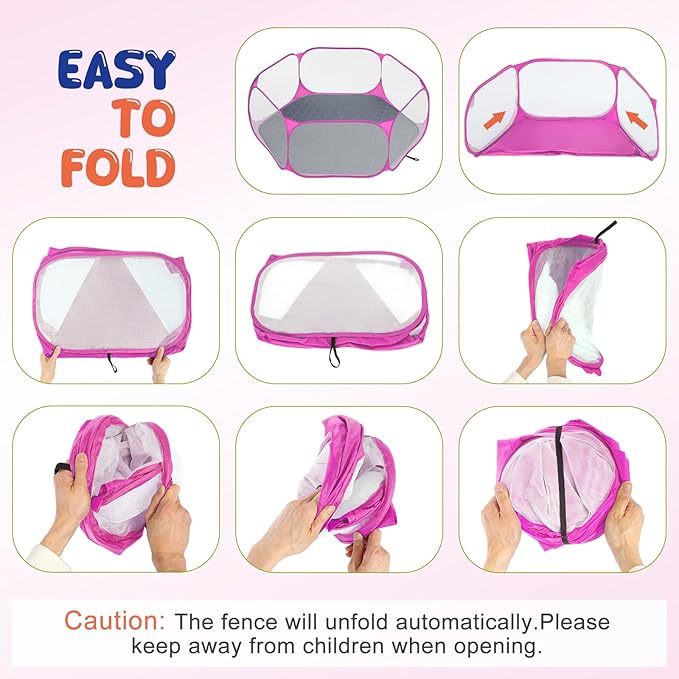 Pawaboo Small Animals Playpen with Pad, Waterproof Small Pet Cage Tent with Reusable Pad, Portable Outdoor Yard Fence for Chick/Kitten/Puppy/Guinea Pig/Rabbits/Chinchillas, Pink + Gray