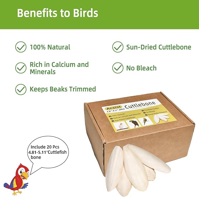 4.8"-5.1" Cuttlebone for Birds,Parakeets Cuddle Bone Beak Trimming,Premium Calcium Natural Cuttlefish Bone for Parrot,Cockatiel,Budgie,Tortoise, Snails,Reptiles,20 Pcs