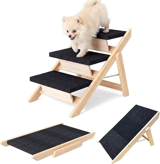 Dog Stairs/Ramp for Bed, Wooden 2-in-1 Foldable Pet Stairs & Ramp, Portable Dog Ladder Up to 180 Pound for Elderly/Short-Legged Dogs, 3 Steps for Beds, Couch