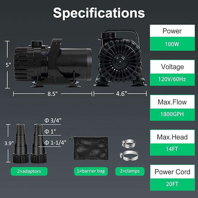 1800 GPH Pond Pump for Fish Pond Fountain & Waterfall, 14ft Lift | 100W Submersible Water Pump, 180° Rotatable Outlet, Filter Bag & 20FT Power Cord, Ultra-Quiet, UL Listed