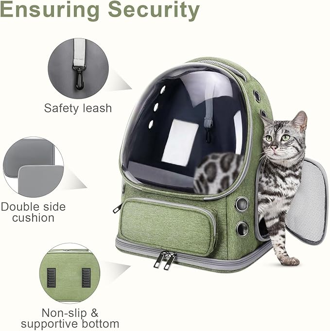 Cat Backpack Carrier, Breathable Cat Carrier Large Space Bubble Pet Backpack for Kitty Small Dog up to 20lbs, Transparent & Foldable Pet Carrier for Travel Hiking, Green