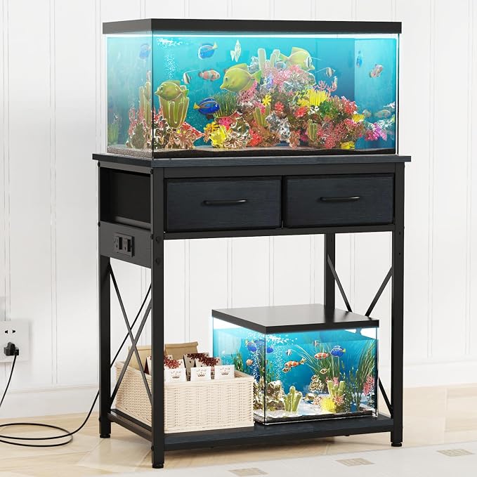 20-29-37 Gallon Fish Tank Stand, Black | Power Outlets, 2 Drawers