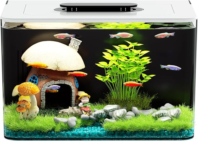 Betta Fish Tank Kit 2.5 Gallon with Hidden Filtration, Light, Lid, Acrylic | Dry-wet Separation Filtration, Self-cleaning, Ultra-quiet, 3 Color Light, 10 Brightness, Adjustable Water Flow, Round Corner