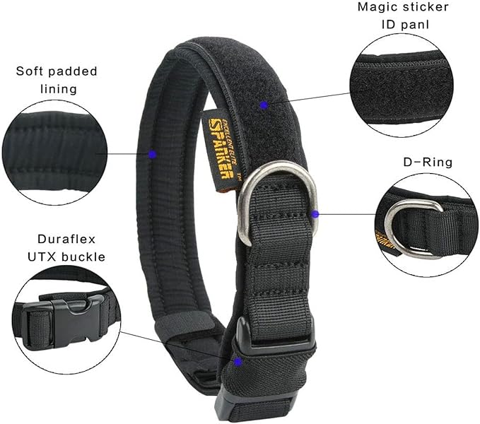 EXCELLENT ELITE SPANKER Tactical Small Puppy Dog Collar Nylon Adjustable Heavy Duty Military for Small Medium and Large Dogs Pet Soft Padded Dog Collar(BLK-L)