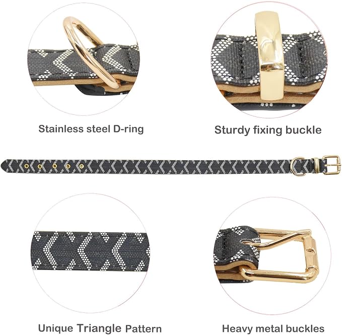 Leather Dog Collar and Leash Set, Check Pattern Dog Collar Leashes Metal Buckle Adjustable Durable for Small Medium Large Dogs (Black, L(14.5-18.5IN))