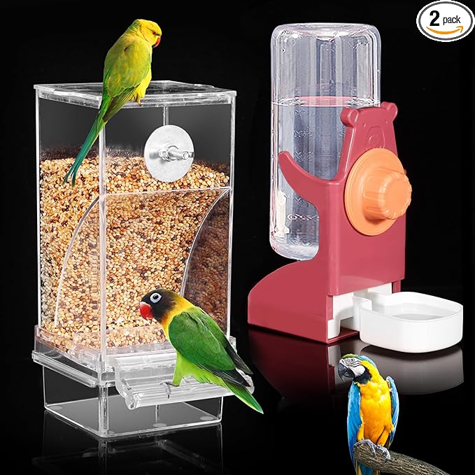 Bird Water Dispenser, Automatic Bird Feeder for Cage,No Mess Bird Feeder, Parakeet Seed Container Food Feeder Drinker for Cage, Parrot Feeder Cage Accessories，Cockatiel Canary Lovebirds Budgies (Red)