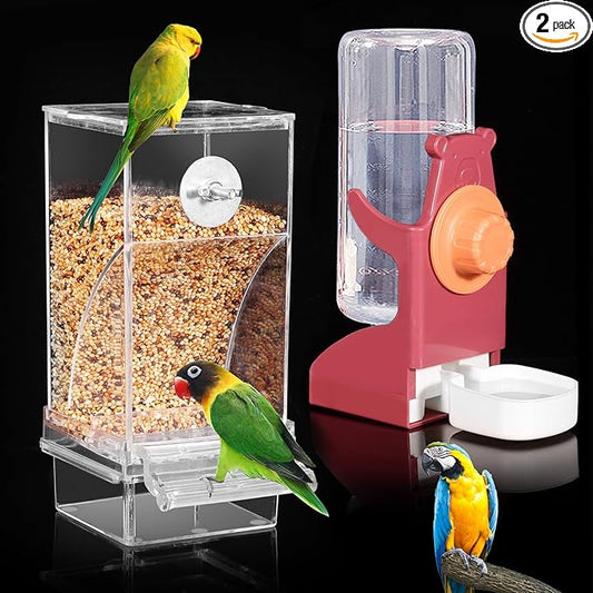 Bird Water Dispenser, Automatic Bird Feeder for Cage,No Mess Bird Feeder, Parakeet Seed Container Food Feeder Drinker for Cage, Parrot Feeder Cage Accessories，Cockatiel Canary Lovebirds Budgies (Red)