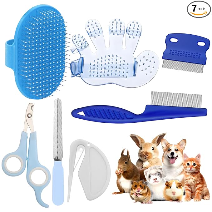Rabbit Grooming Kit – Bunny Grooming Kit with Shedding Brush, Nail Clippers & Comb – Small Animal Grooming Supplies for Rabbits, Guinea Pigs, Hamsters, Ferrets - Small Pet Shedding & Care (Blue)