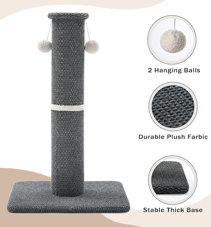 Made4Pets Tall Cat Scratching Post, 23.6" Modern Cat Scratcher with Hanging Balls, Heavy Duty and Thicker Scratching Post for Indoor Cats Adults, Sturdy Base Cat Scratch Post, Dark Grey