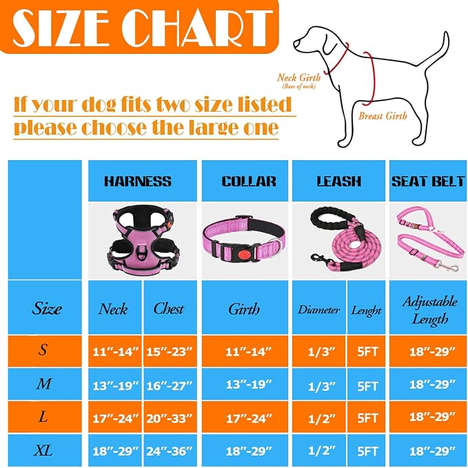 LOBEVE No Pull Dog Harness, Collar & Leash Set | Includes Dog Seat Belt, Collapsible Bowls & Poop Bag Dispenser. Ideal for Training, Walking, Hiking. Fits Small to Large Dogs(Pink-XL)