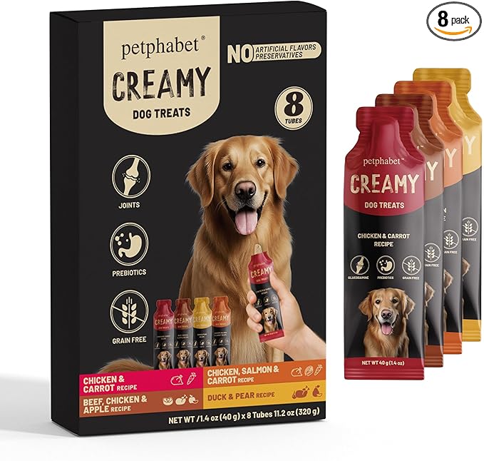 PETPHABET Lickable Squeeze Treats for Dogs, Creamy Puree Dog Food Meal Topper, Puppy Pouch Treats for Training and Enrichment, Healthy High Protein Variety Pack (11.2 oz / 8 Pack)