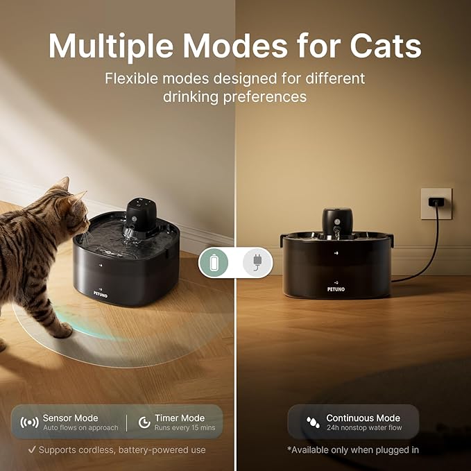 Wireless Cat Water Fountain, Cat Fountain Battery Operated, 78oz/2.3L Pet Water Fountain Cordless, 4000mAh Rechargeable Automatic Fountain with Motion Sensor, Ultra-Quiet Pump & Locking Lid, Black