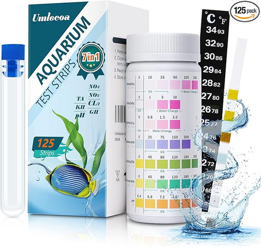 Umlecoa 7 in 1 Aquarium Test Kit for Freshwater and Saltwater - 125 Aquarium Test Strips with Test Tube & Thermometer - Fast & Accurate Water Testing Strips for Aquarium/Pond/Pool