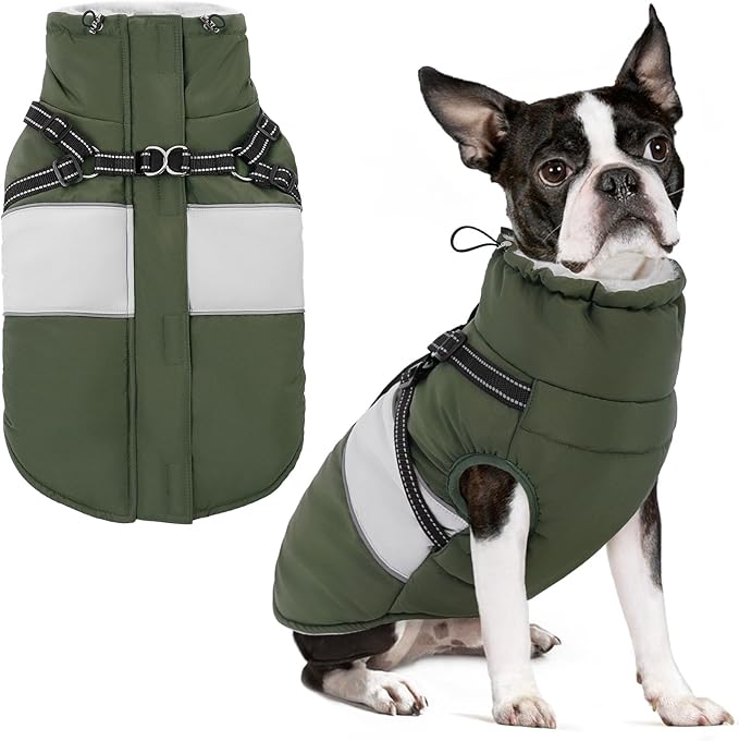 Dog Winter Coat, Waterproof Dog Coat Jacket with Harness for Medium Dogs Boys Girls, Reflective Fleece Lined Pet Snow Jacket Sweaters for Pug, Jack Russel, Boston Terrier, Army Green M