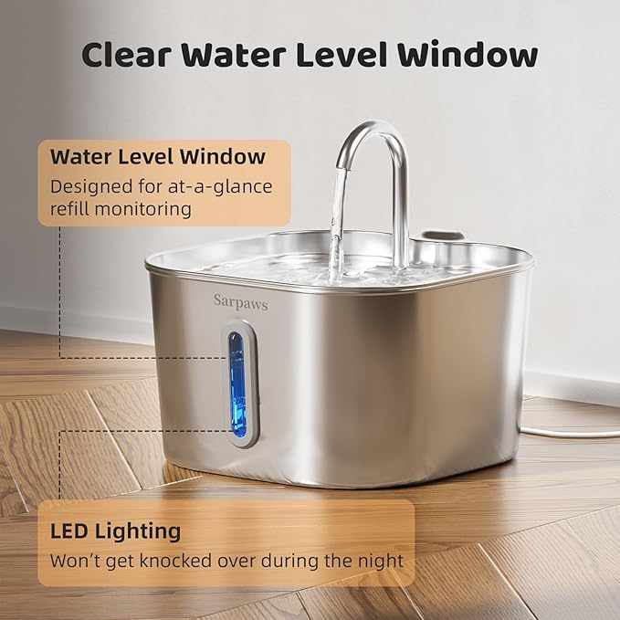 SARPAWS Cat Water Fountain Stainless Steel, 2.2L/74oz Pet Water Fountain for Cats Indoor, Ultra Quiet Cat Fountain for Cats and Small Animals, Cat Fountain for Drinking with 2 Filters & 2 Sponges