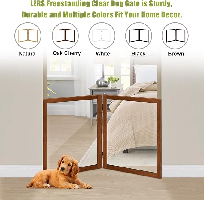 LZRS Clear Dog Gate for Indoor Use - Transparent Pet Fence with Solid Hardwood and Plastic Board, Stylish & Durable freestanding Pet Gate for Doorways, Stairs and Hallways-2 Panel Cherry