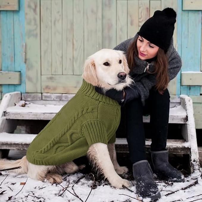 Queenmore Small Dog Pullover Sweater, Cold Weather Cable Knitwear, Classic Turtleneck Thick Warm Clothes for Chihuahua, Bulldog, Dachshund, Pugl,OliveGreen,M