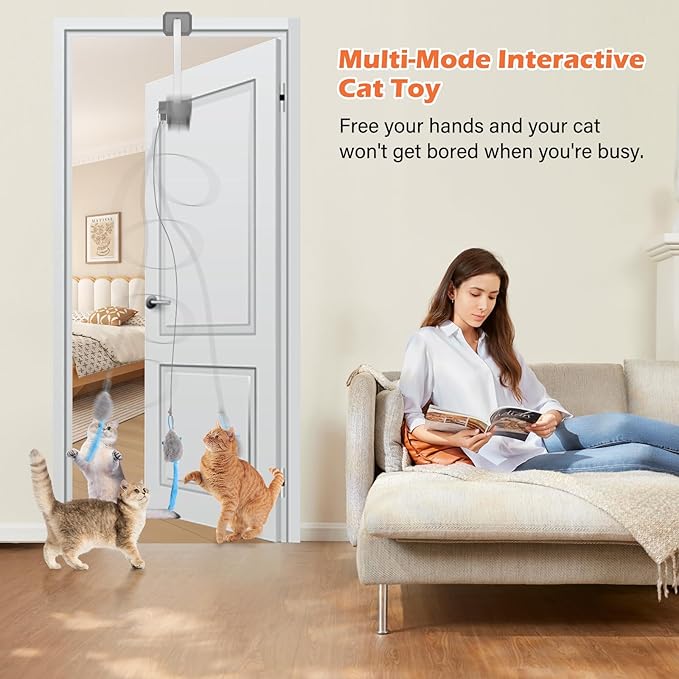 Automatic Rechargeable Cat Teaser, Door Mount Hanging Interactive Cat Toy, 360° Spinning & Irregular Jumping Motion Modes, Smart Electric Cat Exercise Toy for Indoor Cat Self Play, Grey