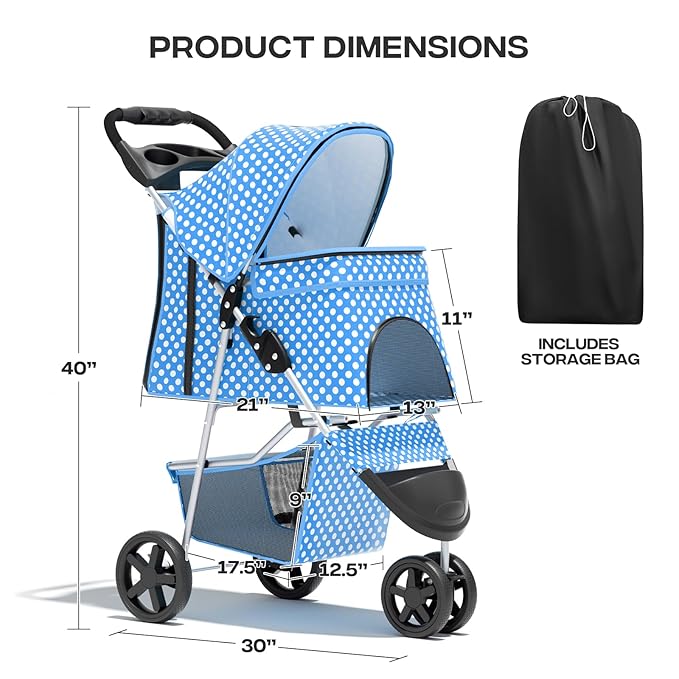 Pet Stroller for Small Dogs 10 lbs, Dog Stroller for Medium Dogs 30 lbs, Cat Strollers for 2 Cats, 3 Wheels Foldable Jogger Puppy Stroller with Storage Basket and Cup Holder, Blue Polka Dots