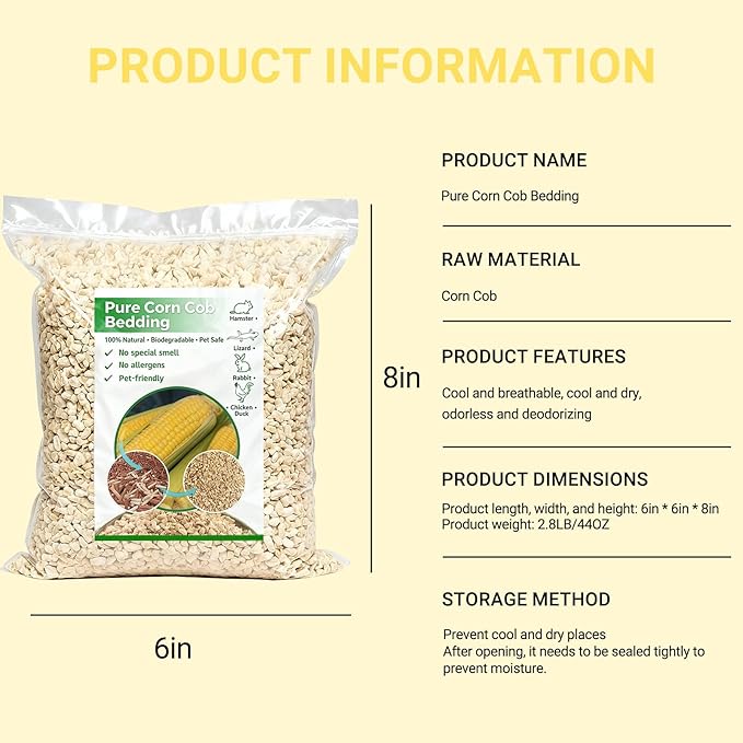 ‌Natural Corn Cob Pet Bedding - 44oz Premium Small Animal Bedding for Hamsters, Birds, Reptiles & More, Absorbent & Odor-Control