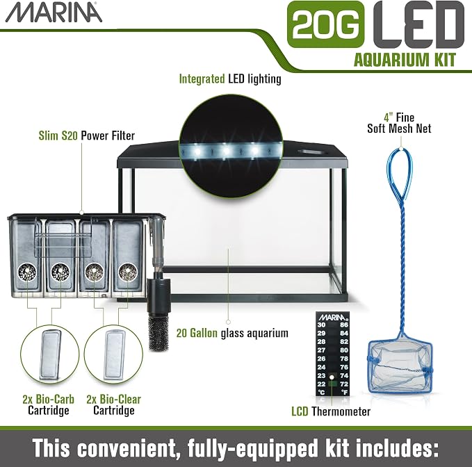 Marina 20 Gallon LED Aquarium Kit with Filter, Lighting & Accessories | Complete Fish Tank Setup