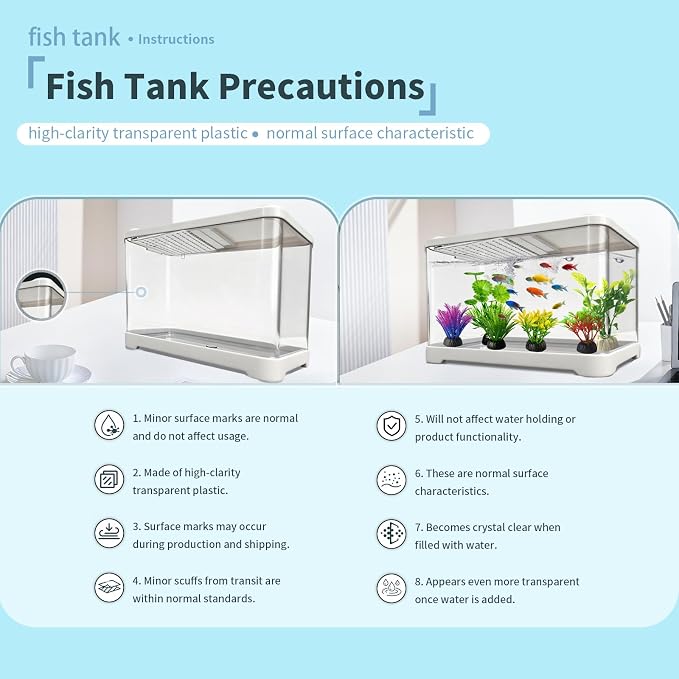 3.5 Gallon Plastic Betta Fish Bowl, Unbreakable Small Portable Fish Tank - Desktop Aquarium Starter Kit,Clear Rectangular Fish Tank for Goldfish Aquatic Shrimp 9-Piece Set for Home Decoration.
