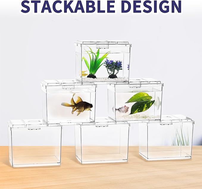 MoonOrange Mini Betta Fish Tank, Small Fish Bowl for Temporary Space, 0.2 Gallon Stackable Cube Tank with Artificial Plants and Gravels for Small Fish, Insect, Shrimp, Crab, Spider. (Pack-1)