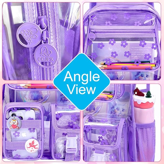 CCJPX 3Pcs Clear Backpack for Girls, School Transparent Bookbag, Heavy Duty See Through Backpacks for Teens Elementary