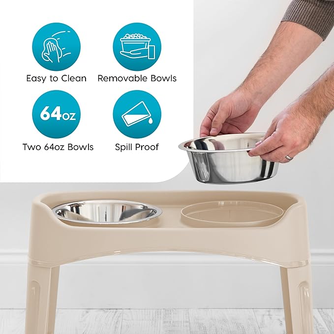 IRIS USA Elevated Dog Bowls Adjustable Stand, Raised Feeding Station with 2 Stainless Steel 64 oz Bowls, Spill Guard, Dual Height 12.25" or 4.63", Made in USA, Almond