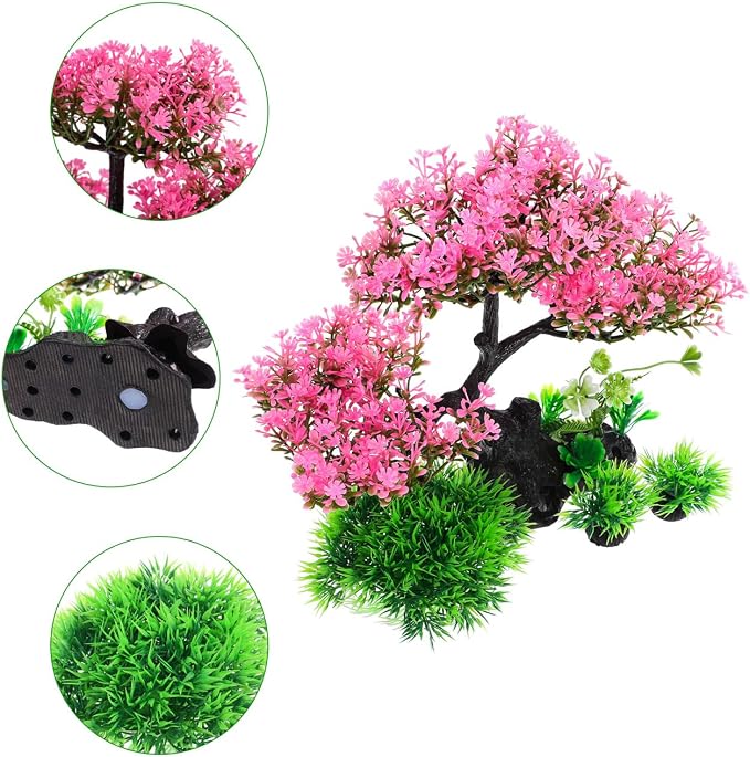 Didiseaon Aquarium Decor Artificial Plants Tree Set 11.4 Inch Pink | Plastic Plants for 10-55 Gallon Fish Tank Decoration Cherry Blossom Tree Fish Tank Decor Betta Fish Bowl Home Office Decor