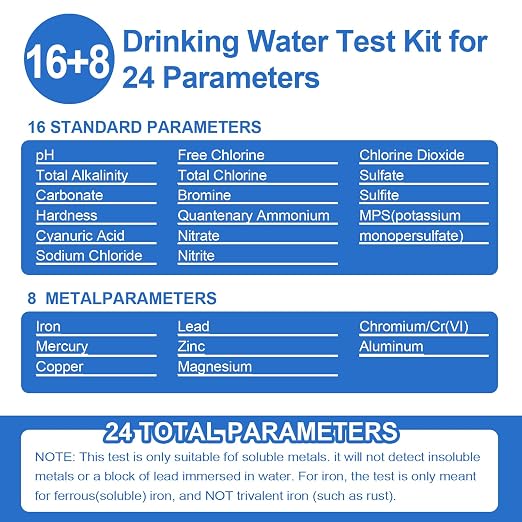 Water Testing Kits for Drinking Water - 150 Strips 24 in 1 Well, Tap | Drinking Water Test Kit, Water Test Strips with Hardness, pH, Lead, Iron, Copper, Chlorine, and More