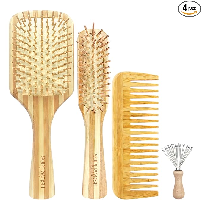 Bamboo Hair Brush Comb Set for Women Men, Wood Bristle Paddle Detangling Brush, Wide Tooth Comb for Curly Wavy Thick Thin Wet Dry Hair, Brush Cleaning Tool Included - 4 Pack