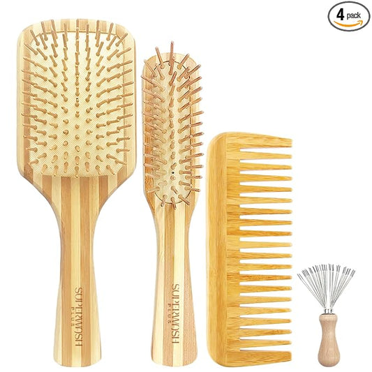 Bamboo Hair Brush Comb Set for Women Men, Wood Bristle Paddle Detangling Brush, Wide Tooth Comb for Curly Wavy Thick Thin Wet Dry Hair, Brush Cleaning Tool Included - 4 Pack