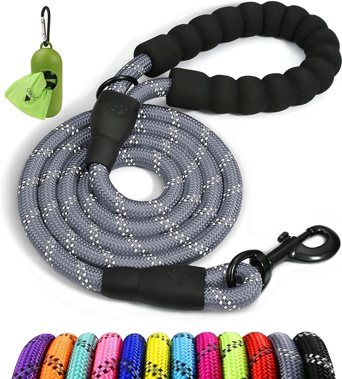 Taglory Rope Dog Leash 5 FT with Comfortable Padded Handle, Highly Reflective Threads Leash and Anti-Tangle Clip for Walking Medium Large Dogs, 1/2 inch, Grey