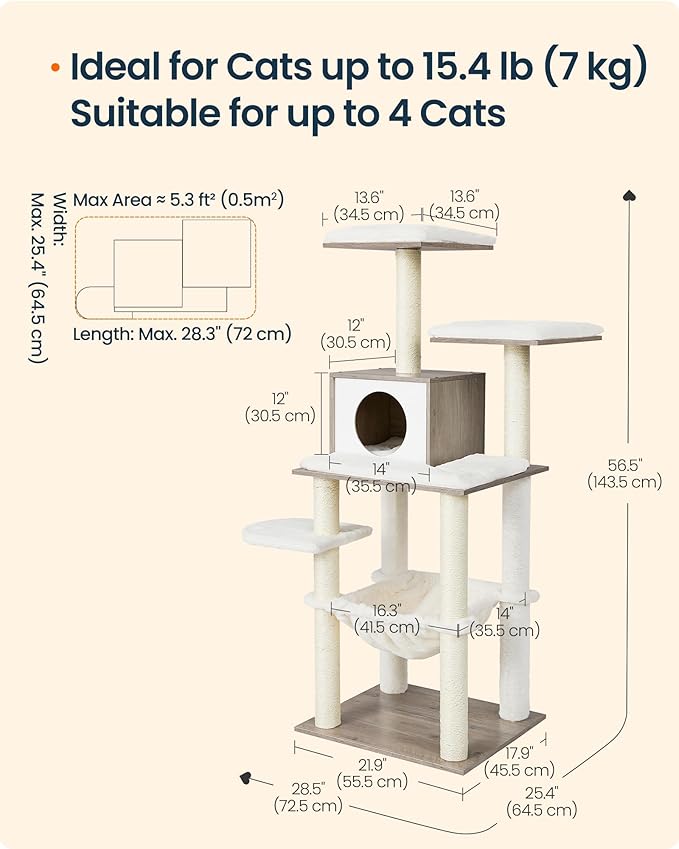 SONGMICS HOME Cat Tree Tower, Multi-Level Cat Condo with Hammock and Sisal Scratching Posts, Furniture for Indoor Large Cats, Greige