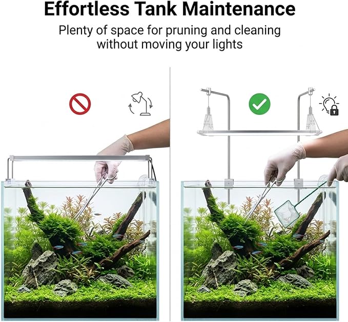 Stainless Steel Aquarium Light Riser - Adjustable Hanging Kit for Rimless Fish Tanks up to 12mm - Professional L-Bracket Stand with Suspension Wire for 5"-24" LED Plant Lights, 1 Pair