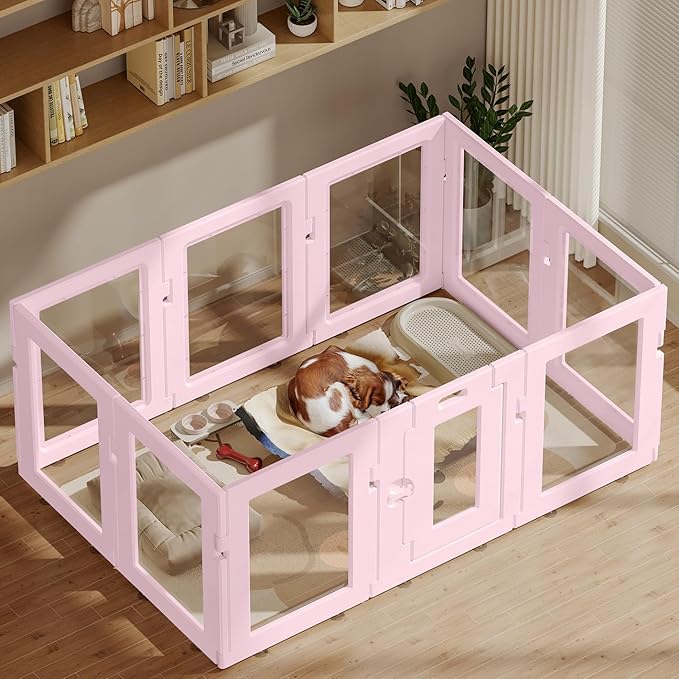 Clear Acrylic Dog Playpen Indoor, Puppy Cat Small Pet Play Pen, Easy Assemble & Disassemble Sturdy Plastic Dog Fence with Heavy Duty Door Lock (24In H, 10PCS), Pink
