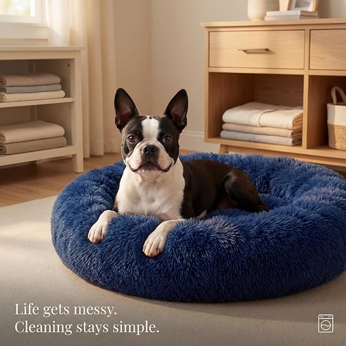 Calming Dog Bed for Medium Dogs Washable Donut 30 inches Anti-Slip Pet Bed,Round Fluffy Plush Faux Fur Cat Bed,Fits up to 45 lbs Pets,Navy Blue