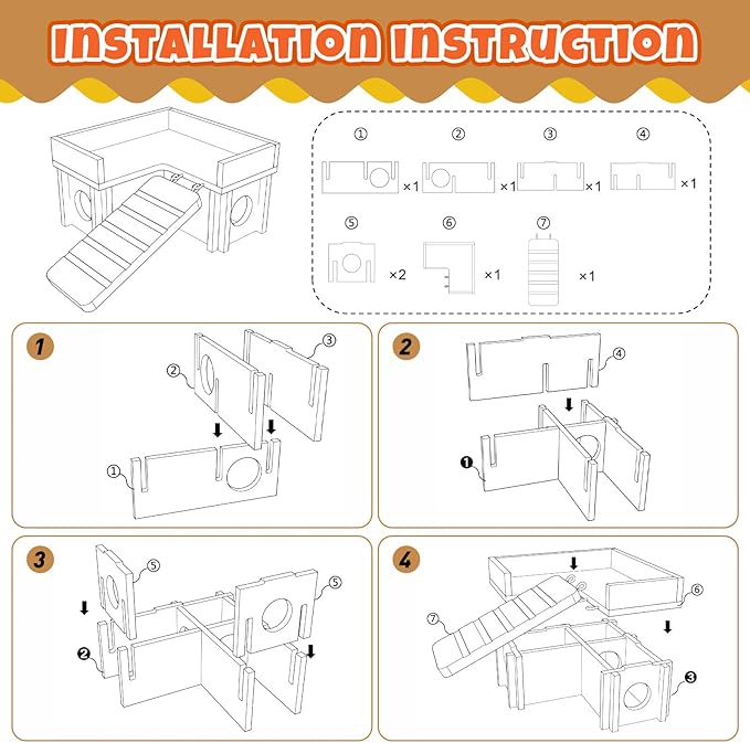 19 Pcs Hamster Cage Accessories & Habitat Set, Wooden Silent Exercise Wheel Wood Hide Out Tree Trunk Tunnel Tube Water Bottle Set Sand Bath Bowl Chew Toys for Dwarf Hamster Gerbil Mouse
