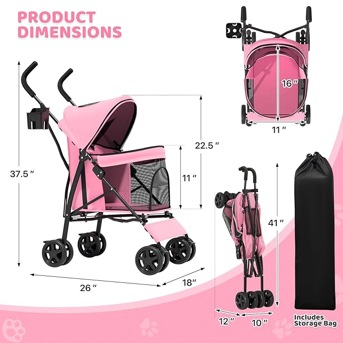 Magshion Compact Pet Stroller for Small-Medium Dogs/Cats up to 22lbs, 4-Wheel Lightweight Umbrella Shaped Portable Puppy Travel Jogger with Breathable Mesh & Rear Storage, Pink