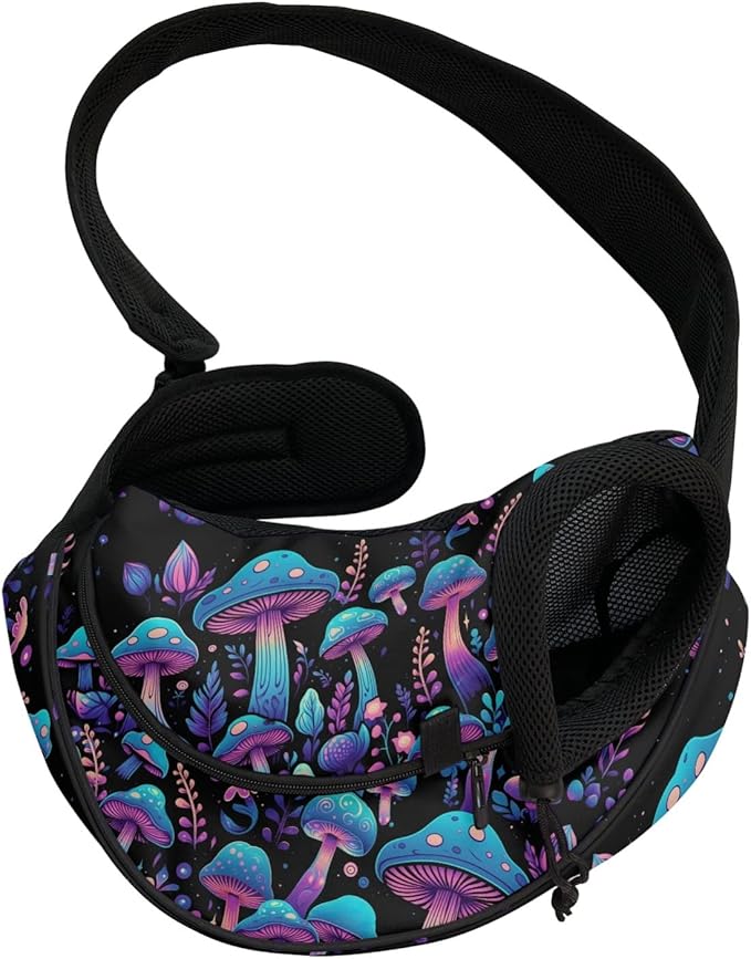 FUSURIRE Magical Mushroom Print Pet Sling Carrier - Small Dog Cat Sling Pet Carrier Bag Comfortable Single Shoulder Carrier Adjustable Pouch Tote Handbag for Small Pets
