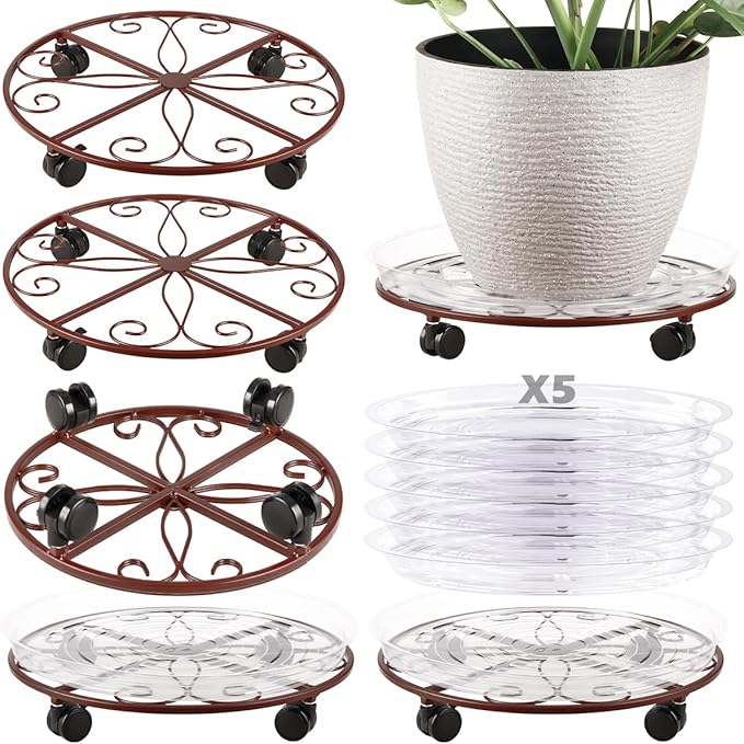 5 Packs 16” Plant Caddy with Wheels Large Metal Plant Stand with Wheels for Indoor and Outdoor Plants Rolling Plant Stand with Casters Heavy Duty Plant Dolly Roller Caddy, Bronze