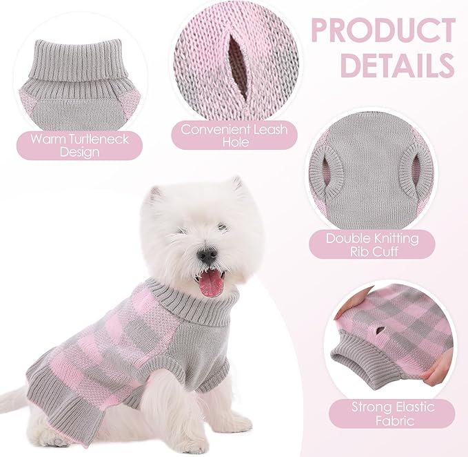 Dog Sweater Dress Plaid Knitwear for Small Medium Dogs Warm Puppy Pet Turtleneck Stretch Pullover Cute Fall Winter Vest Clothes with Leash Hole for Christmas (Grey, L)